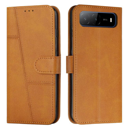 Brown leather phone case with stitching and flip cover; card pocket and buckle strap.