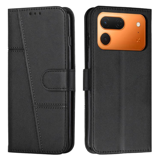 Black leather-texture phone case with stitched panel and front buckle strap