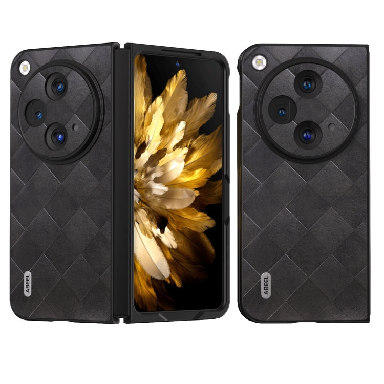 Black foldable PU phone case with plaid-weave texture and dual camera cutouts
