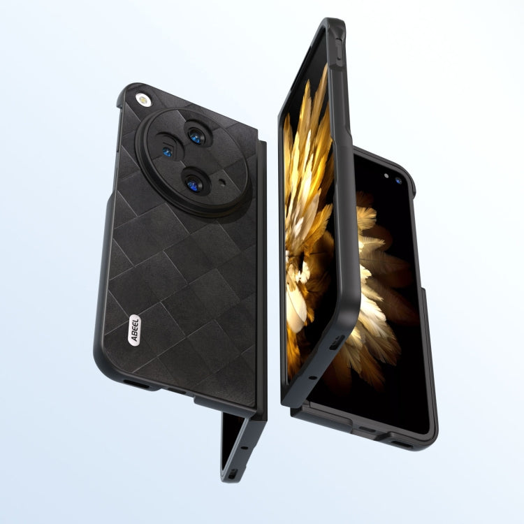 Black PU phone case with plaid-weave texture, camera cutout, and side stand