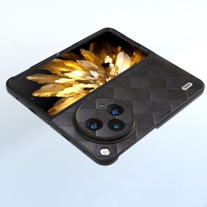 Black foldable PU phone case with plaid-weave texture and circular camera ring