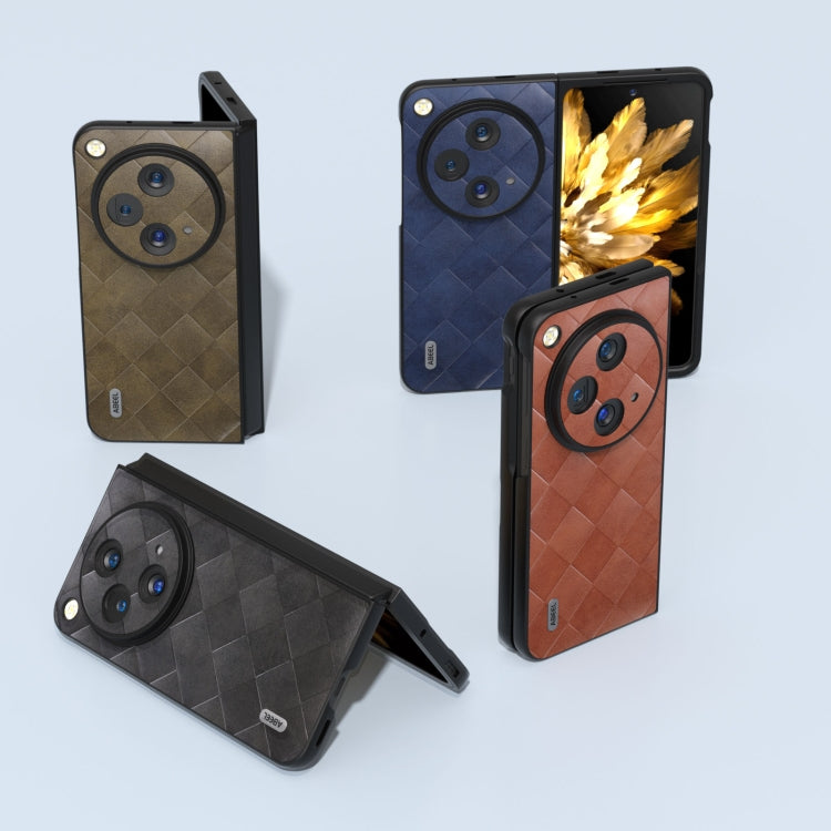 Foldable PU phone cases with plaid-weave texture in black, blue, and brown