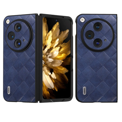 Blue foldable PU phone case with plaid-weave texture and dual camera cutouts