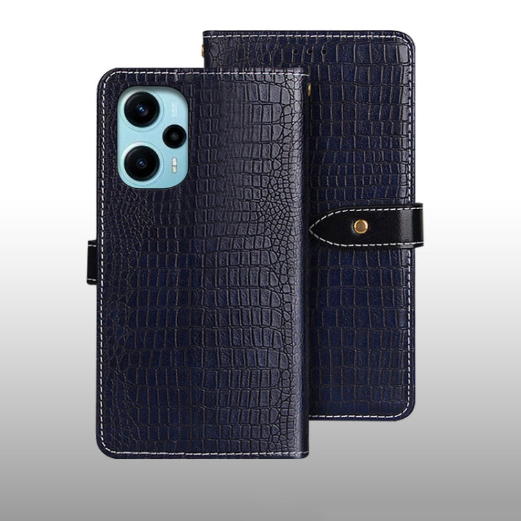 Dark blue crocodile-texture leather flip phone case with wrist strap and magnetic tab.