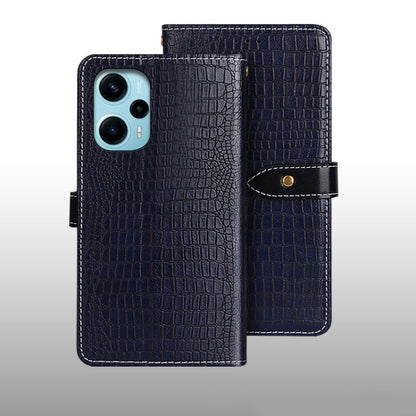 Dark blue crocodile-texture leather flip phone case with wrist strap and magnetic tab.