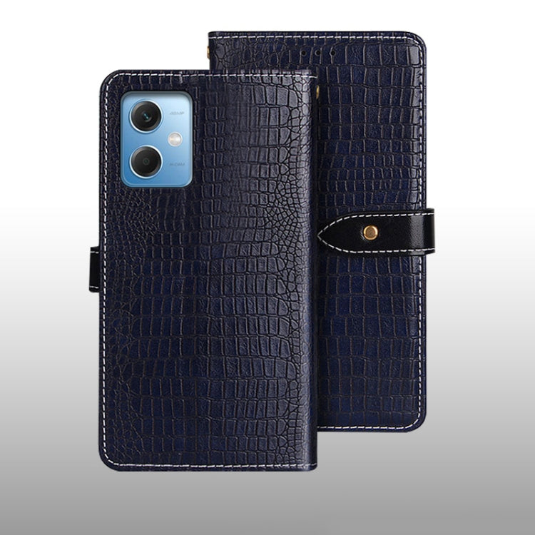Crocodile-texture leather flip phone case, navy blue, with magnetic strap and stitched border