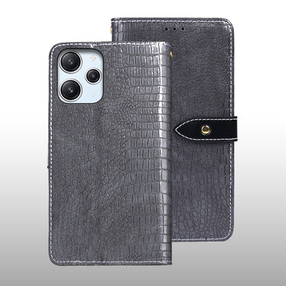 Grey crocodile-texture leather flip phone case with wrist strap and magnetic tab.