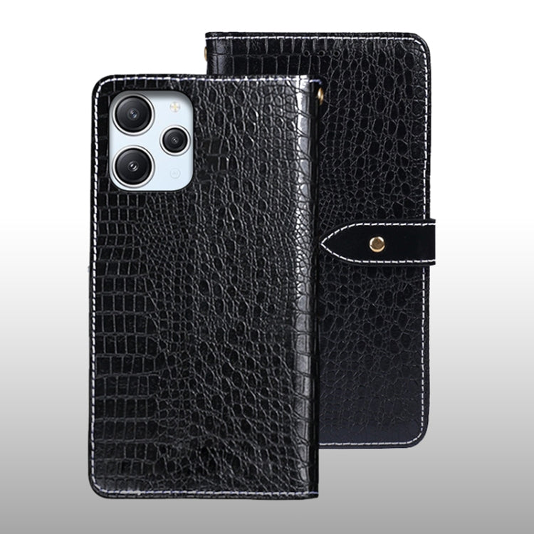 Black crocodile-texture leather flip phone case with wrist strap and magnetic tab.