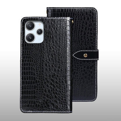 Black crocodile-texture leather flip phone case with wrist strap and magnetic tab.