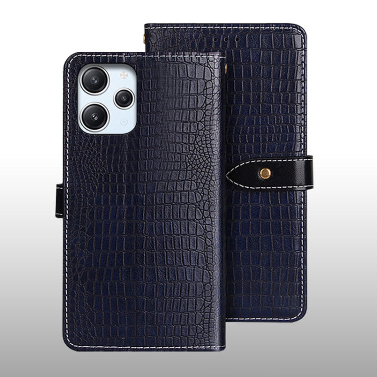Dark blue crocodile-texture leather flip phone case with wrist strap and magnetic tab.