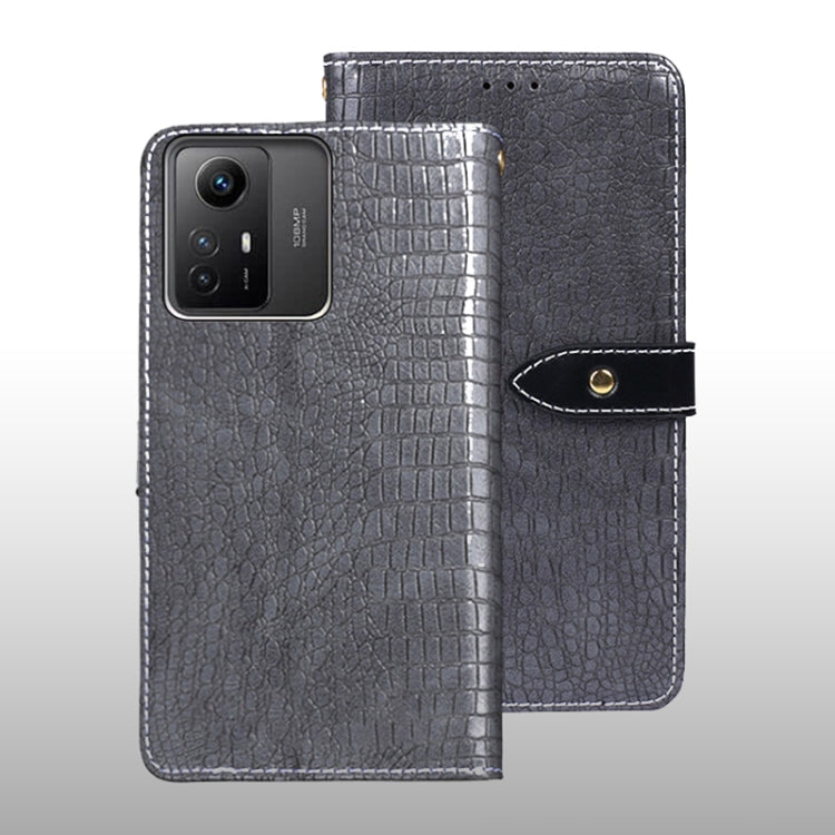 Crocodile-texture leather flip phone case, dark grey, with magnetic strap and cutouts