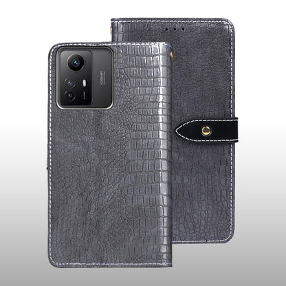 Crocodile-texture leather flip phone case, dark grey, with magnetic strap and cutouts