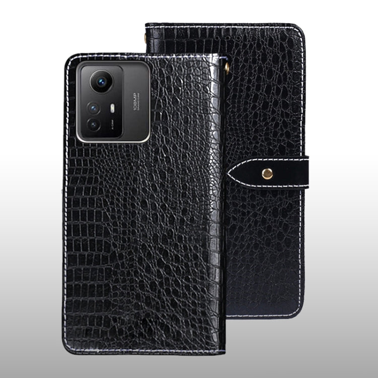 Crocodile-texture leather flip phone case, black, with magnetic strap and stitched edges