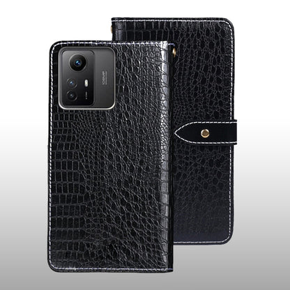 Crocodile-texture leather flip phone case, black, with magnetic strap and stitched edges