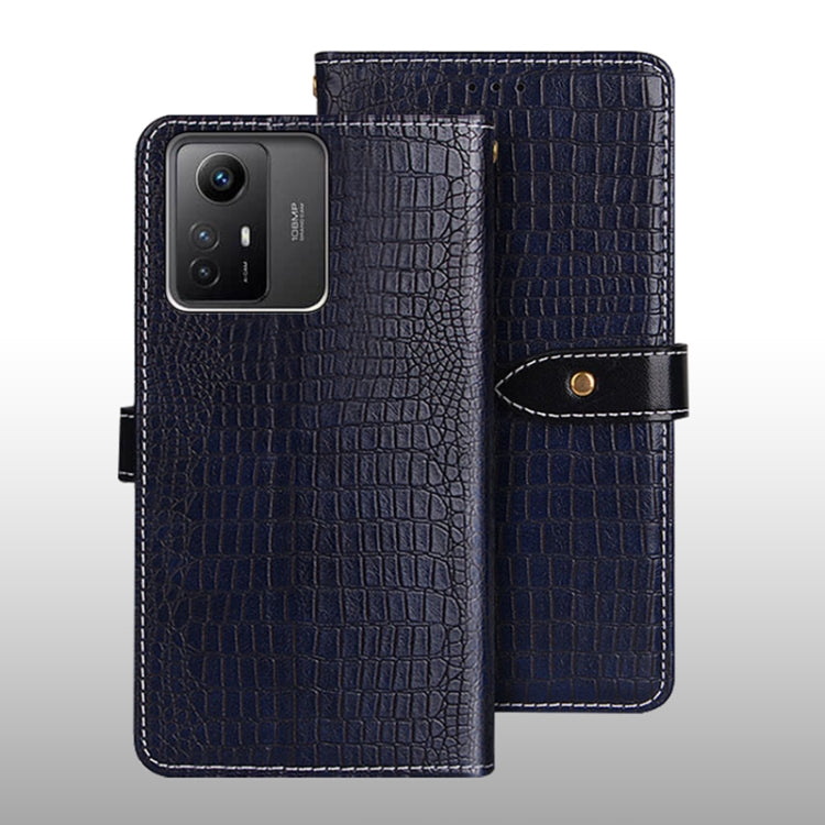 Crocodile-texture leather flip phone case, dark blue, with magnetic strap and side cutout
