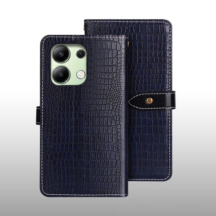 Dark blue crocodile-texture leather folio phone case with magnetic strap and cutout