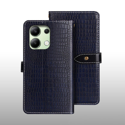 Dark blue crocodile-texture leather folio phone case with magnetic strap and cutout