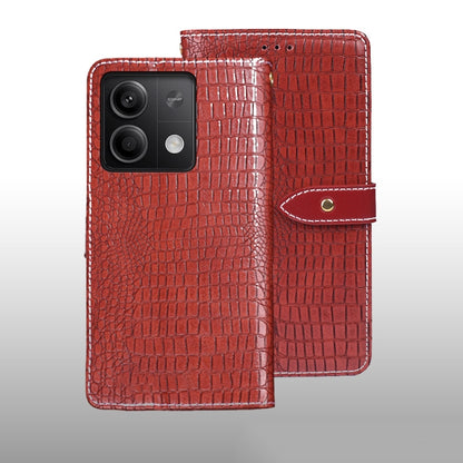 Red crocodile-texture leather folio phone case with magnetic strap and camera cutout