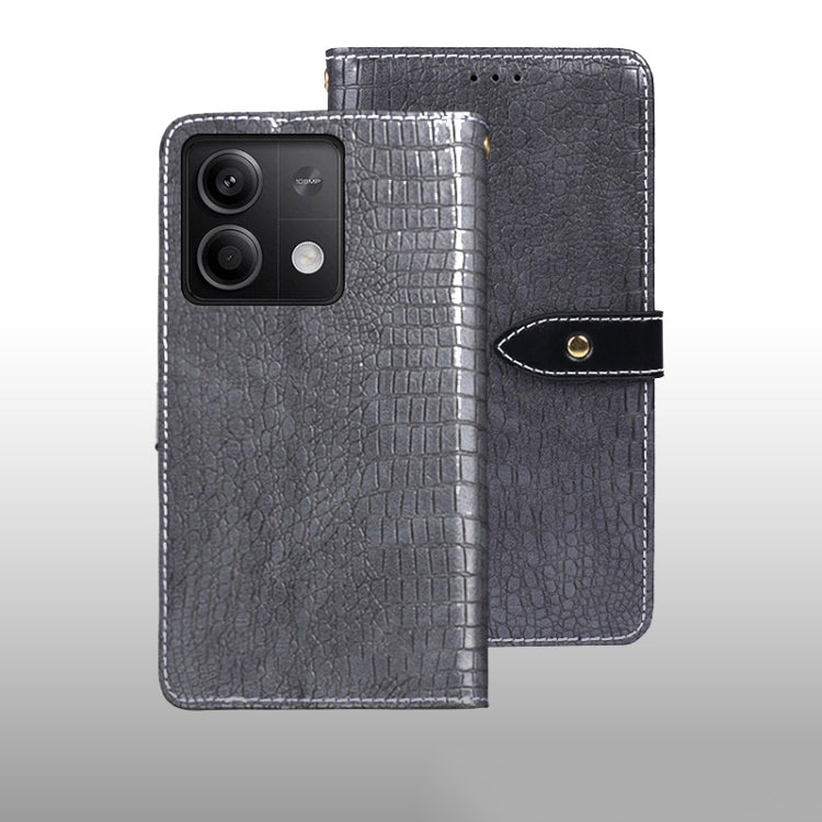 Crocodile-texture leather phone wallet case, grey flip cover with snap clasp.