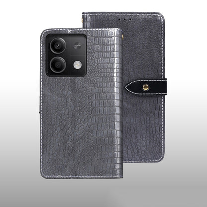 Crocodile-texture leather phone wallet case, grey flip cover with snap clasp.
