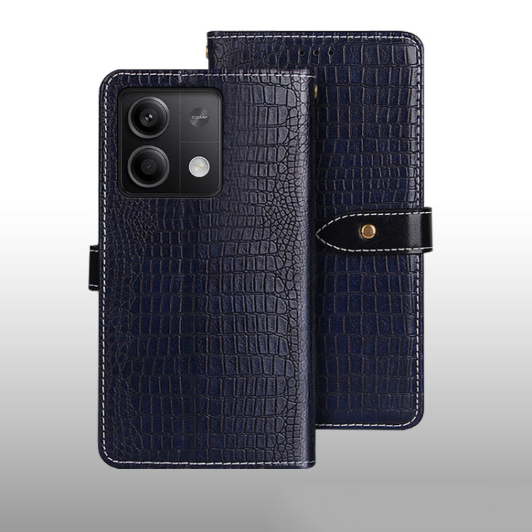 Crocodile-texture leather phone wallet case, dark blue flip cover with snap clasp.