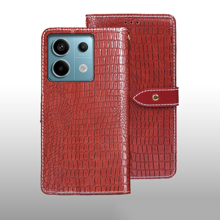 Crocodile-texture leather phone wallet case, red flip cover with snap clasp.