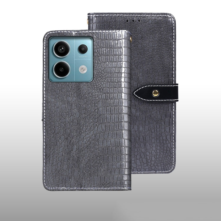 Crocodile-texture leather phone wallet case, grey flip cover with snap clasp.