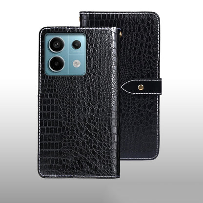 Crocodile-texture leather phone wallet case, black flip cover with snap clasp.