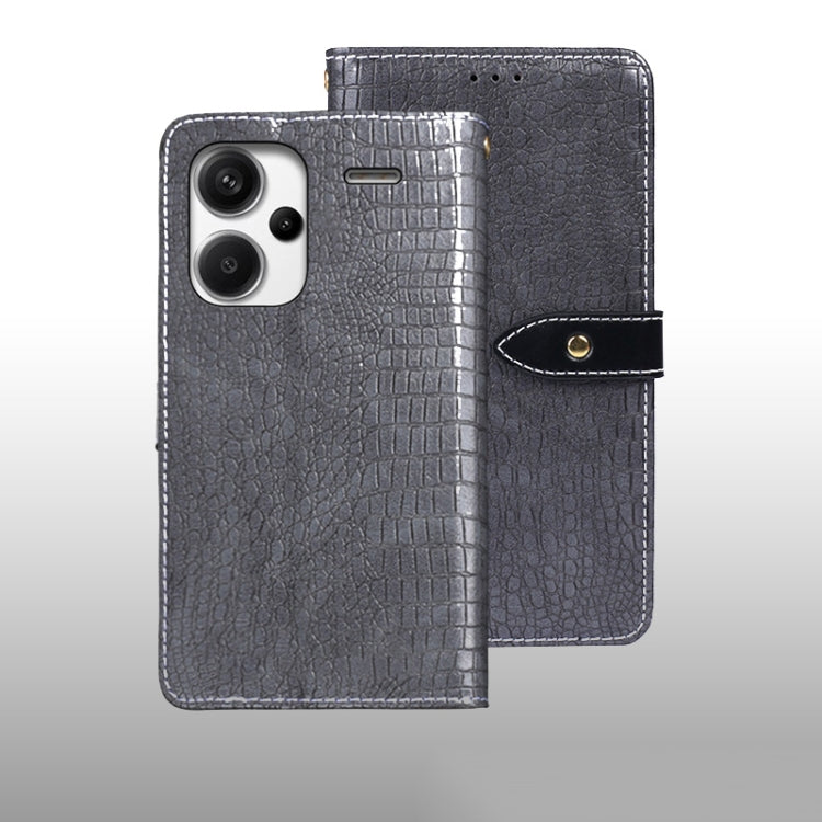 Crocodile-texture leather phone wallet case, grey flip cover with snap clasp.
