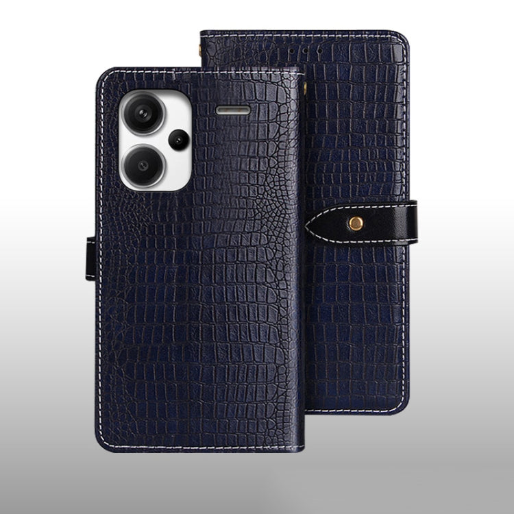 Crocodile-texture leather phone wallet case, dark blue flip cover with snap clasp.