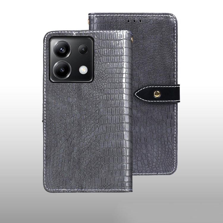 Gray crocodile-texture leather folio phone case with magnetic strap and camera cutout