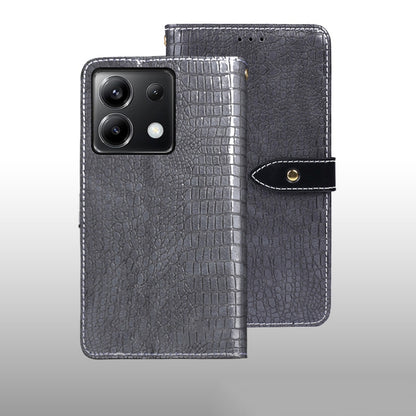 Gray crocodile-texture leather folio phone case with magnetic strap and camera cutout