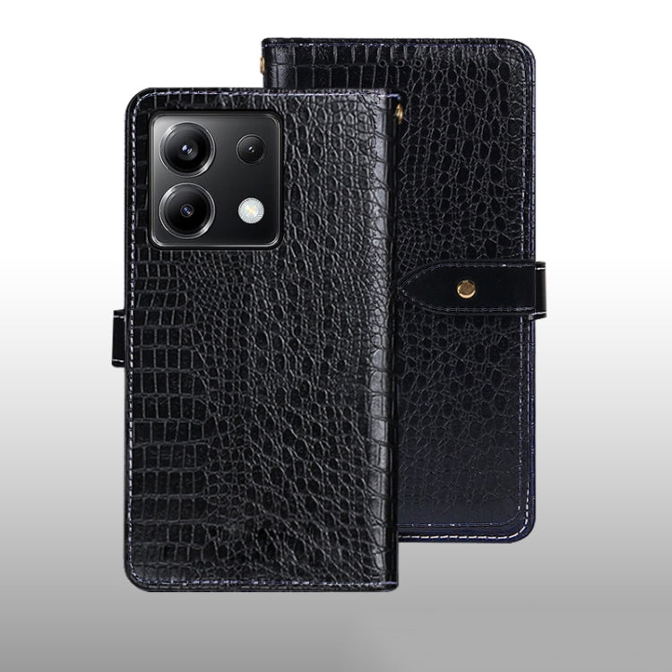 Black crocodile-texture leather folio phone case with magnetic strap and camera cutout