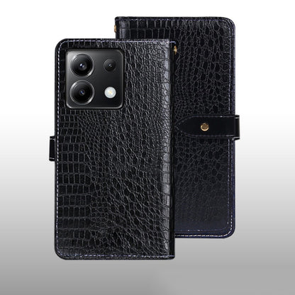 Black crocodile-texture leather folio phone case with magnetic strap and camera cutout