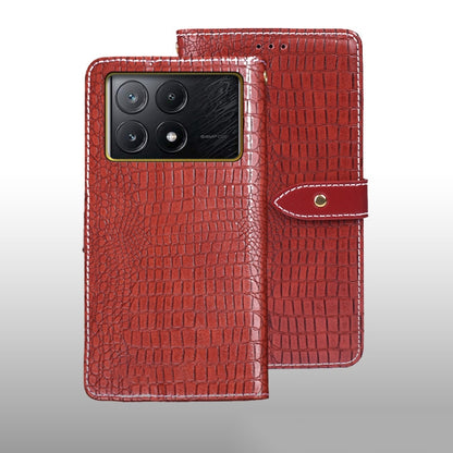 Red crocodile-texture leather folio phone case with magnetic strap and camera cutout