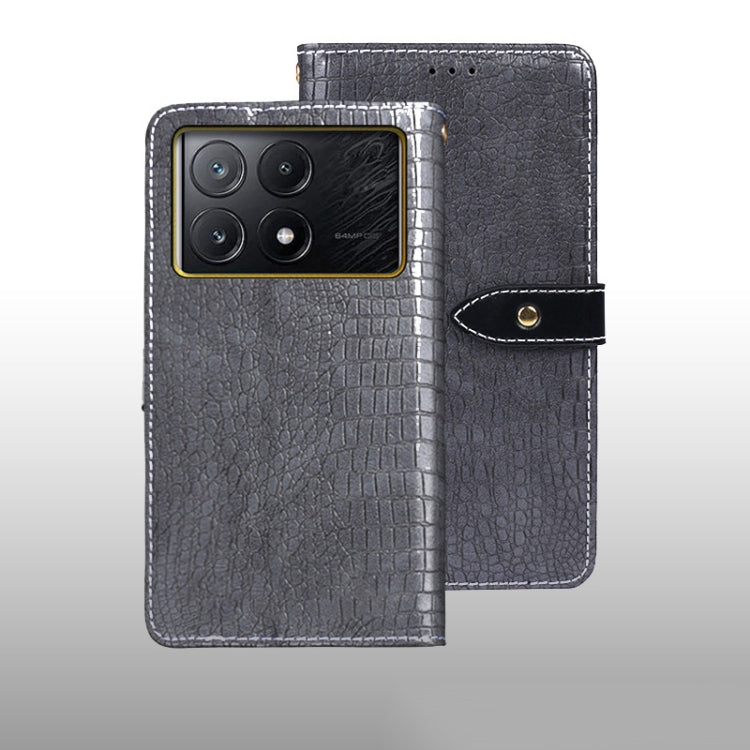 Gray crocodile-texture leather folio phone case with magnetic strap and camera cutout