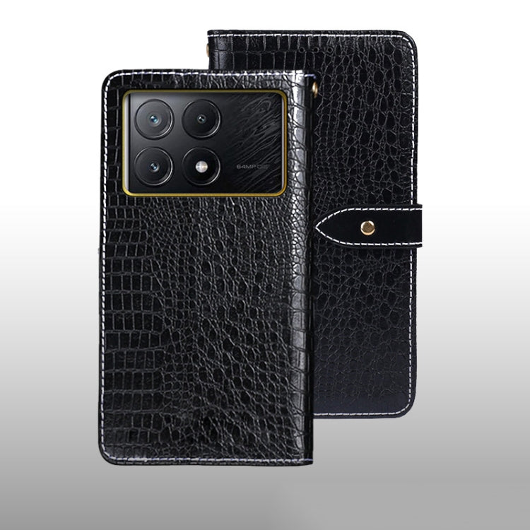 Black crocodile-texture leather folio phone case with magnetic strap and camera cutout