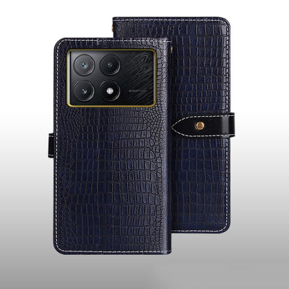 Dark blue crocodile-texture leather folio phone case with magnetic strap and cutout