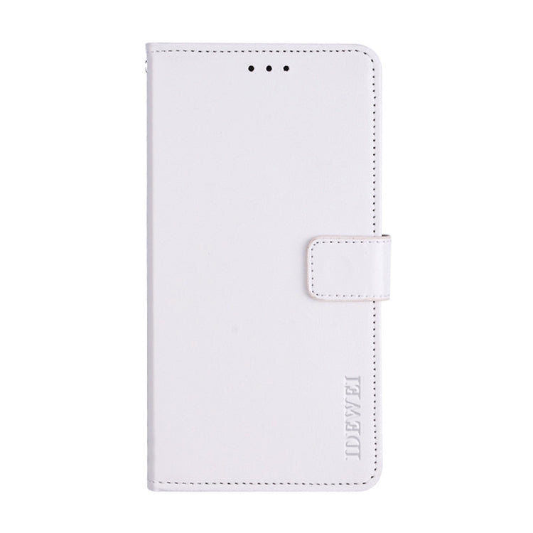 White leather wallet phone case with magnetic flap and side card slot.