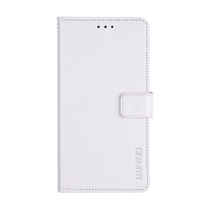 White leather wallet phone case with magnetic flap and side card slot.