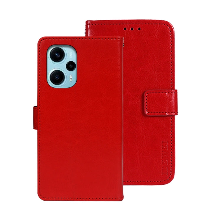 Red crazy-horse leather wallet phone case with magnetic flap and card holder.