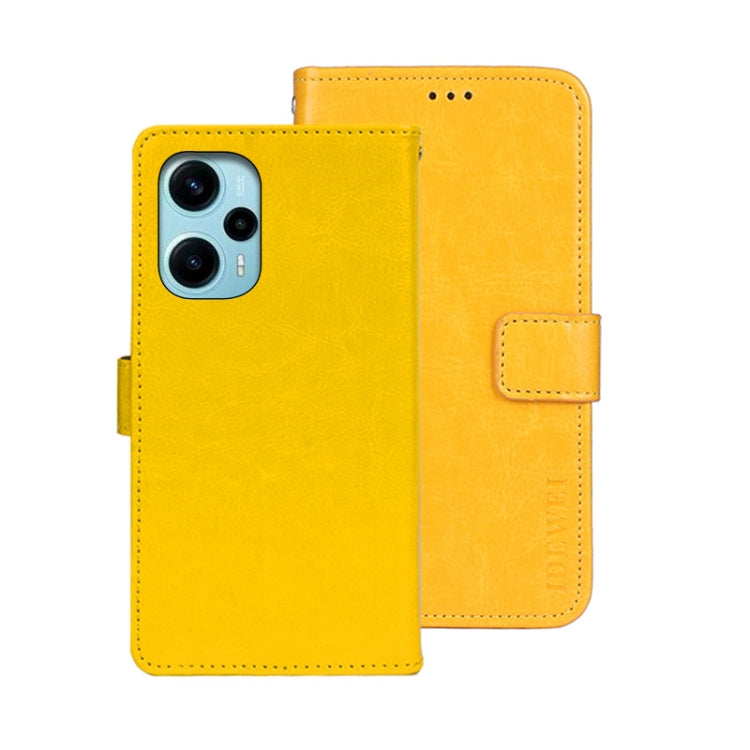 Yellow crazy-horse leather wallet phone case with magnetic flap and card holder.