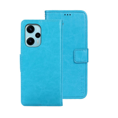 Sky blue crazy-horse leather wallet phone case with magnetic flap and card holder.