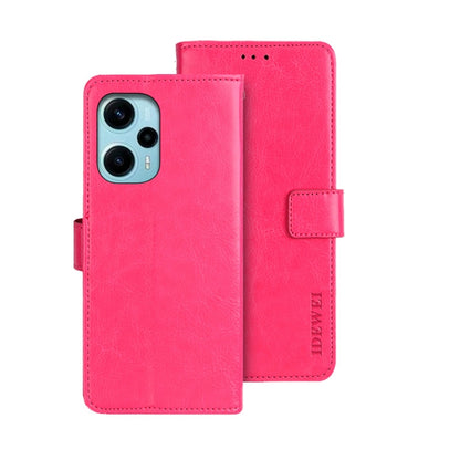 Rose red crazy-horse leather wallet phone case with magnetic flap and card holder.