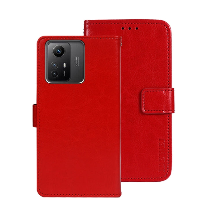 Red leather folio phone case with flip cover, shown with phone insert