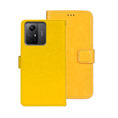Yellow leather folio phone case with flip cover, shown with phone insert