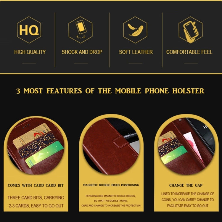 Leather phone holster feature graphic with card-bits and buckle close-up photos