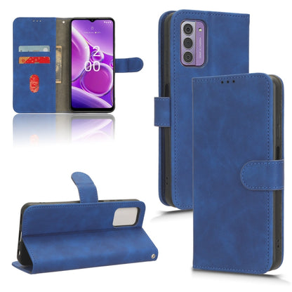 Blue magnetic flip leather phone case with side strap and stitched flap