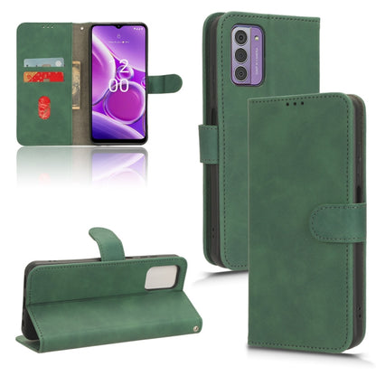 Green magnetic flip leather phone case with camera cutout and side strap