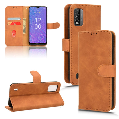 Brown magnetic flip leather phone case with visible camera cutout and flip stand